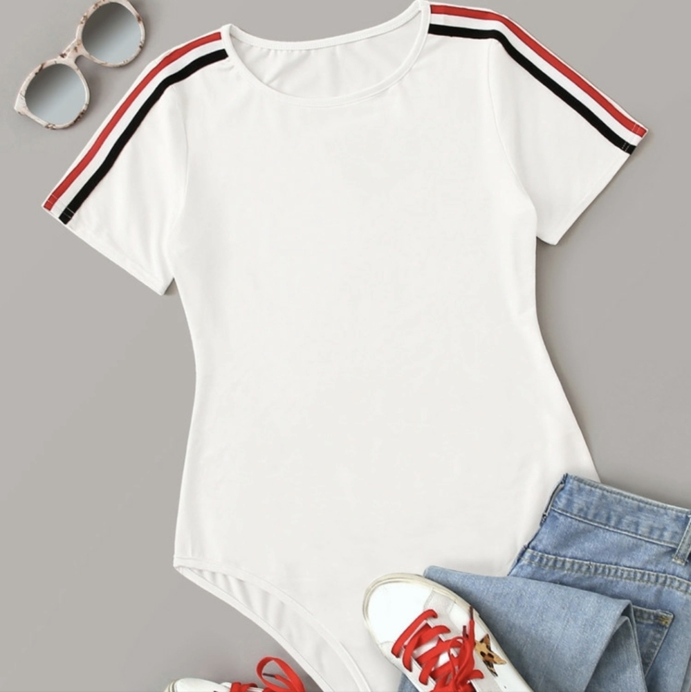 White striped shoulder body suit